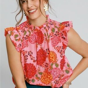 Umgee Pink Floral Ruffle Cap Sleeve Blouse - Size Small